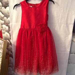 Girls' Red Sparkle Tulle Party Dress with Flower Waist
